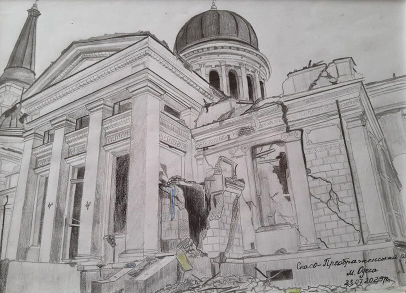 Eine Bleistiftzeichnung von Snishana-Nemanyhina zeigt die Zerstätung eines Gebäudes.