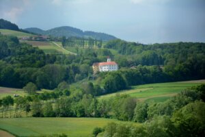 Fernaufnahme vom weißen Schloss Kirchberg in Grafendorf umgeben von Wald und Wiese.