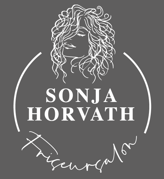 Logo Friseursalon Sonja Horvath. Grauer Hintergrund und in weißer Linie ist eine Grafik einer Frau mit Lockenpracht