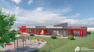 Die Vorschau des fertigen Kindergartens in Greinbach zeigt ein großes Gebäude in grau und rot umgeben von einer großen Grünfläche in der Nähe des Spielplatzes.
