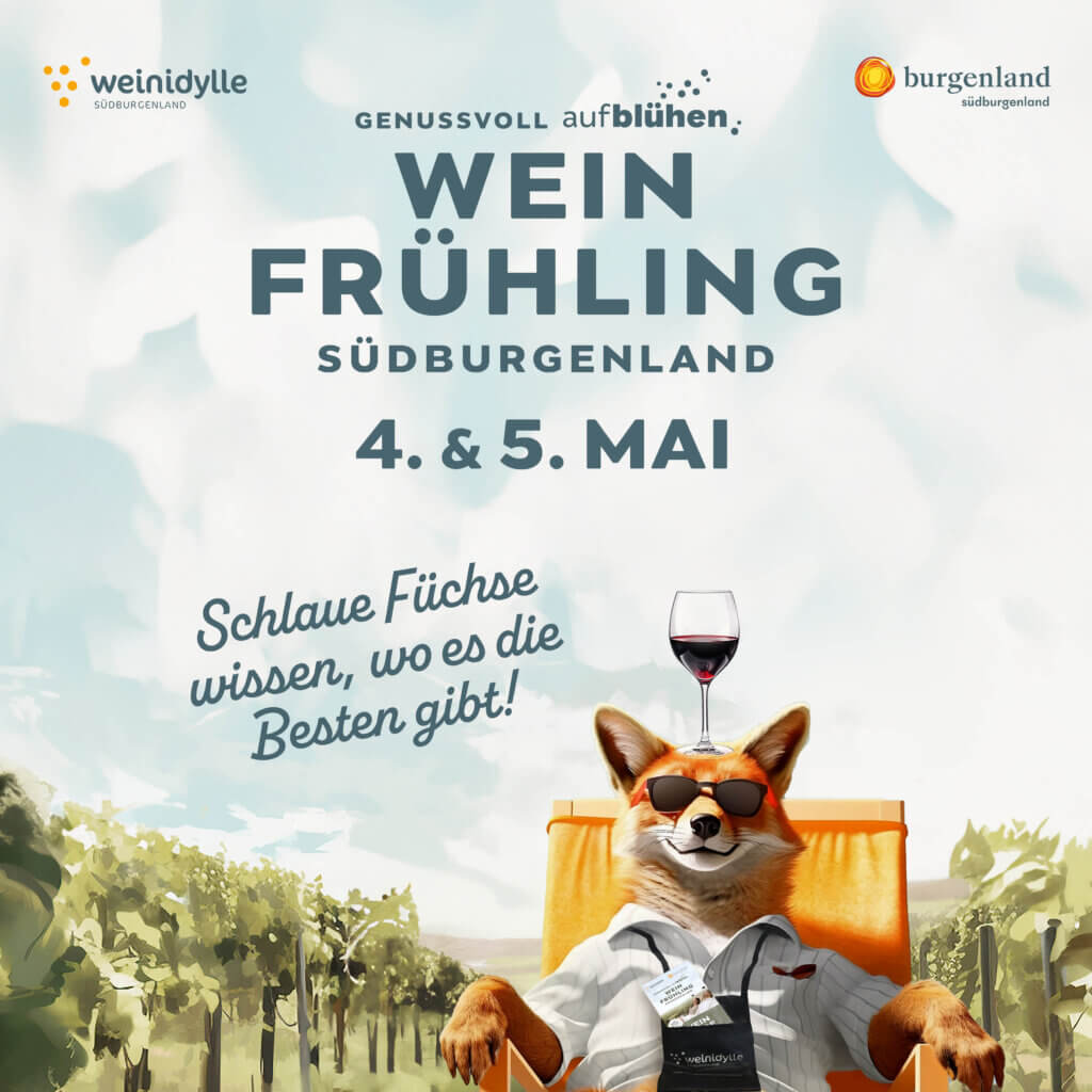 Grafik vom Weinfrühling. Man sieht einen Fuchs, der auf dem Kopf ein Weinglas hat. Und daneben steht "Schlaue Füchse wissen, wo es die Besten gibt!