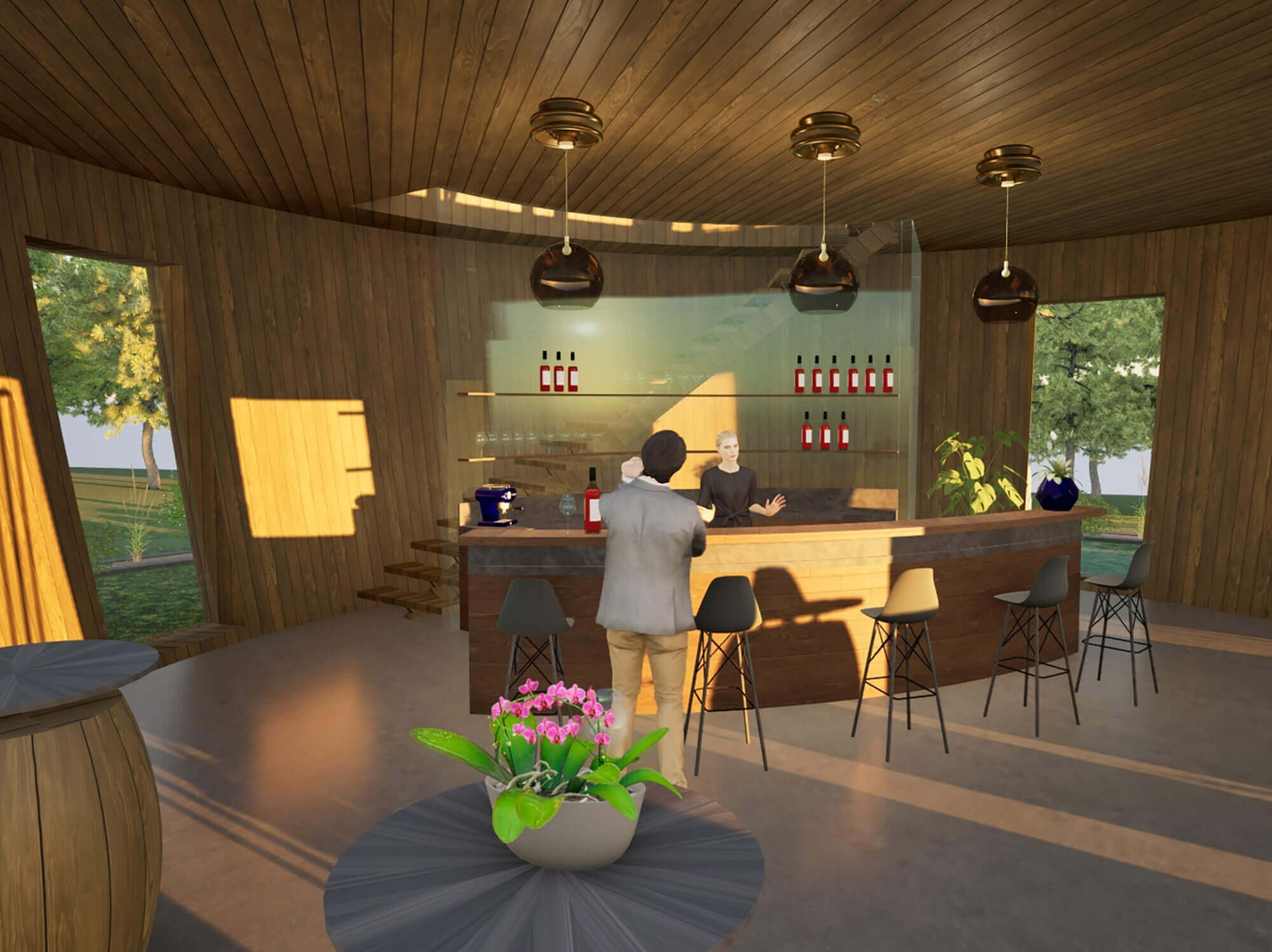 Animation des aussichtsturmes im Weinberg von innen. man sieht eine Bar. Alles ist aus Holz