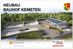 Luftaufnahme des neu errichteten Bauhofs in Kemeten, umgeben von dichtem Waldgebiet. Das Gebäude verfügt über Solarpaneele auf dem Dach. Auf dem Gelände stehen ein orangefarbener Lastwagen und ein roter Traktor. Links befindet sich ein Bereich zur Lagerung von Baumaterialien. Das Burgenland-Logo und ein Hinweis auf die Projektentwicklung sind unten eingeblendet.