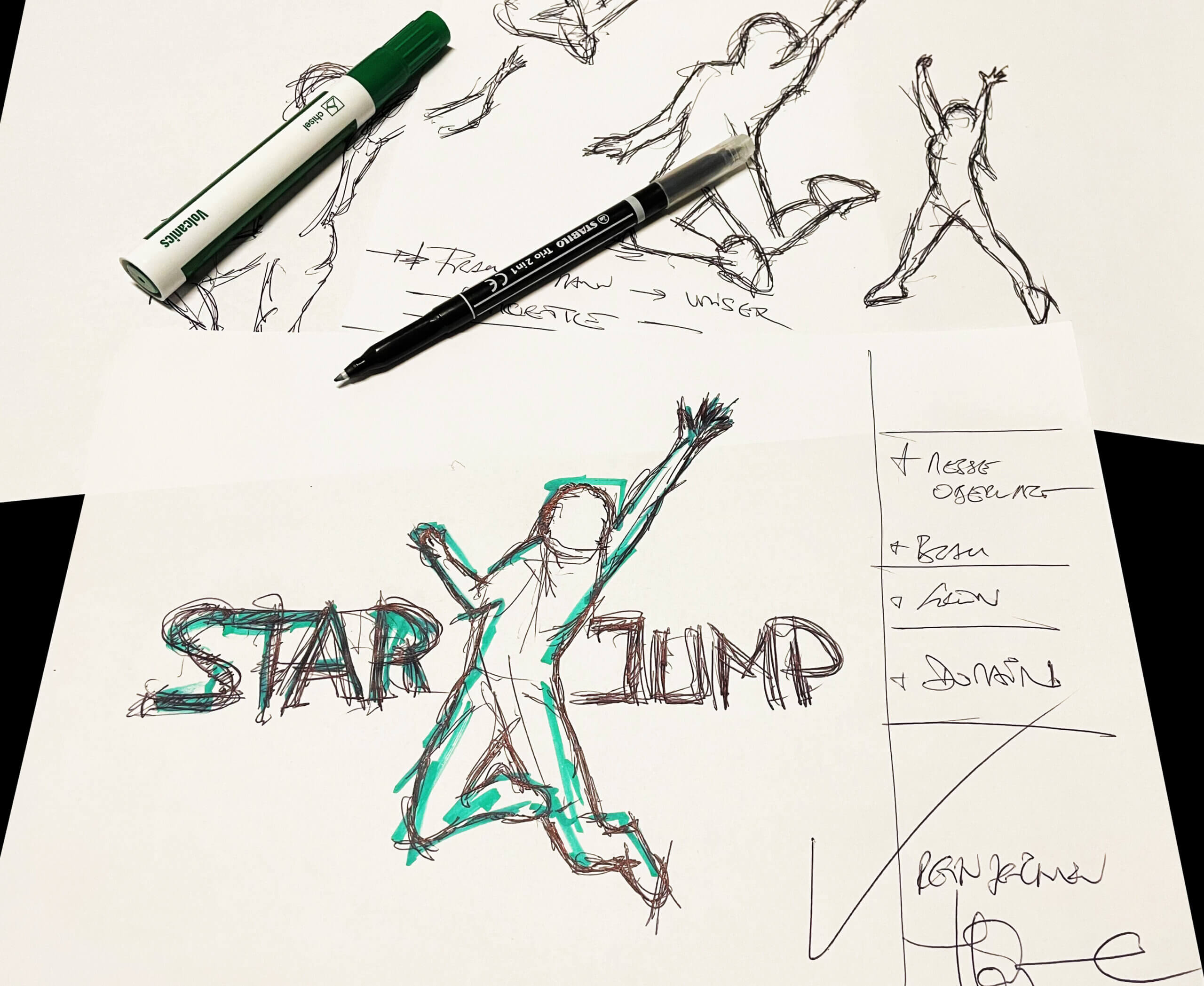 Erste Skizzen des Logos von Klepits (ideas4you) mit einer weiteren Skizze des fertigen Logos.