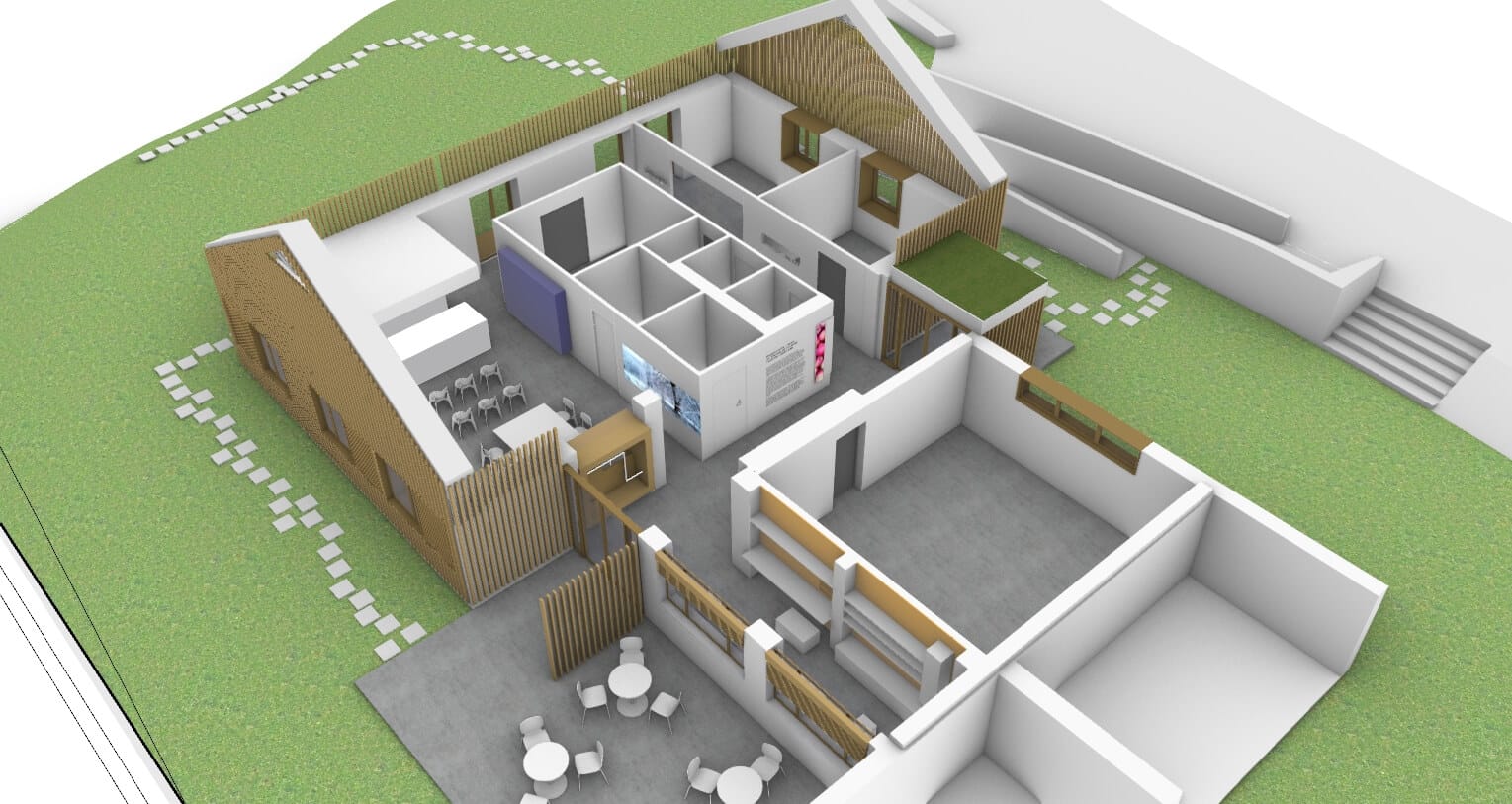3D-Grundriss eines modernen Gebäudes mit offenen Räumen und grüner Umgebung, architektonisches Design.