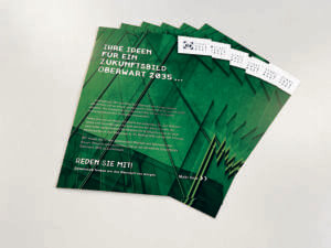 Flyer zur Mitgestaltung des Zukunftsbildes Oberwart 2035 in grünem Design.