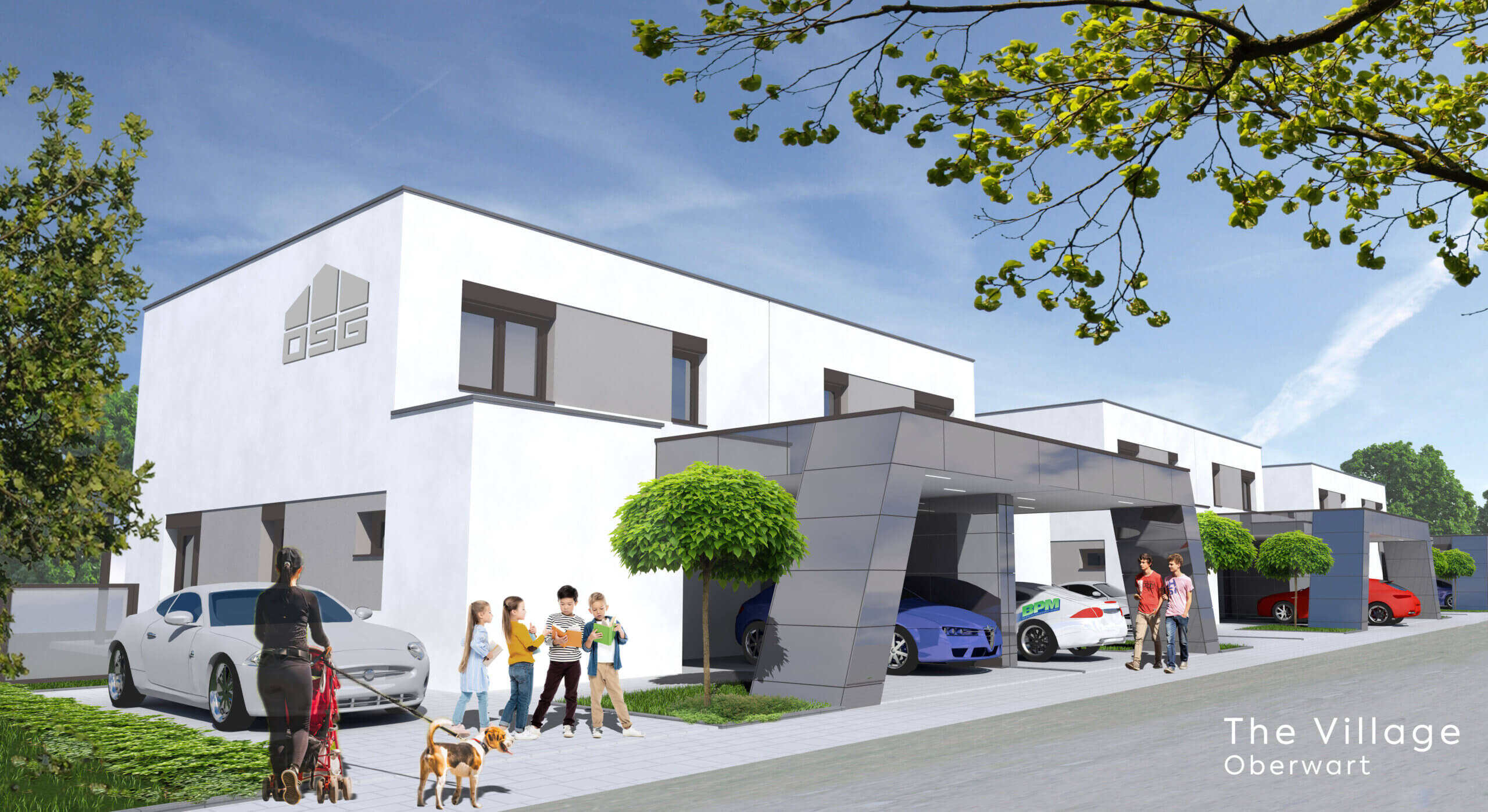 Moderne Reihenhäuser in The Village Oberwart mit Autos, Bäumen und Familien, die die Nachbarschaft genießen.