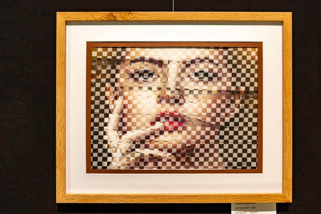 Geflecht aus Fotos, zeigt Gesicht einer Frau, Quadratmuster, im Holzrahmen, moderne Kunst, verfremdetes Porträt.