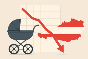 Geburtenrückgang in Österreich, symbolisiert durch Kinderwagen und abfallendes Diagramm.