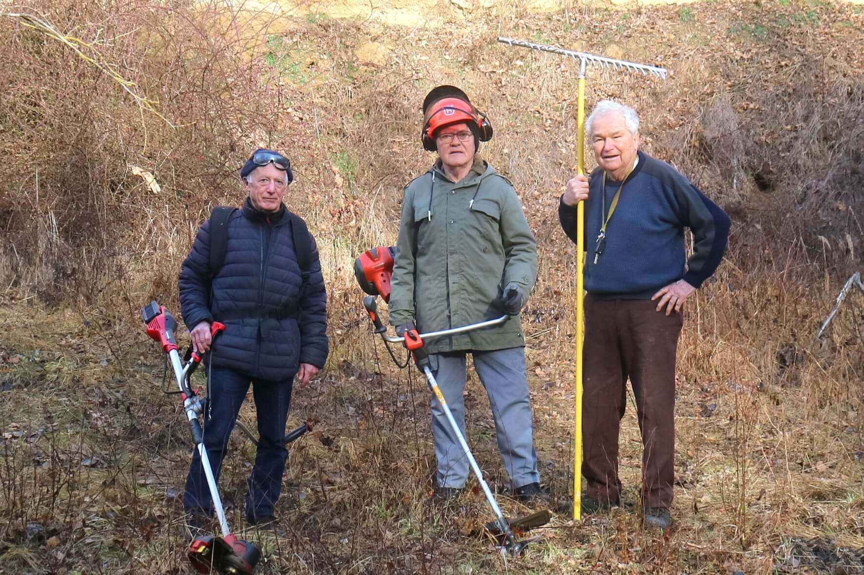 Drei Männer mit Gartenwerkzeugen bei der Landschaftspflege in einem natürlichen, bewachsenen Gebiet im Frühling.