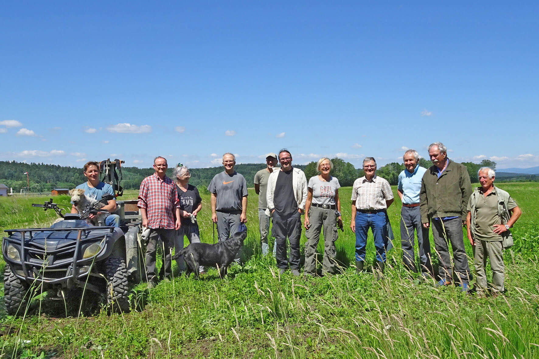 Menschen stehen auf einer Wiese bei sonnigem Wetter; Gruppe von Freunden oder Kollegen im Freien.