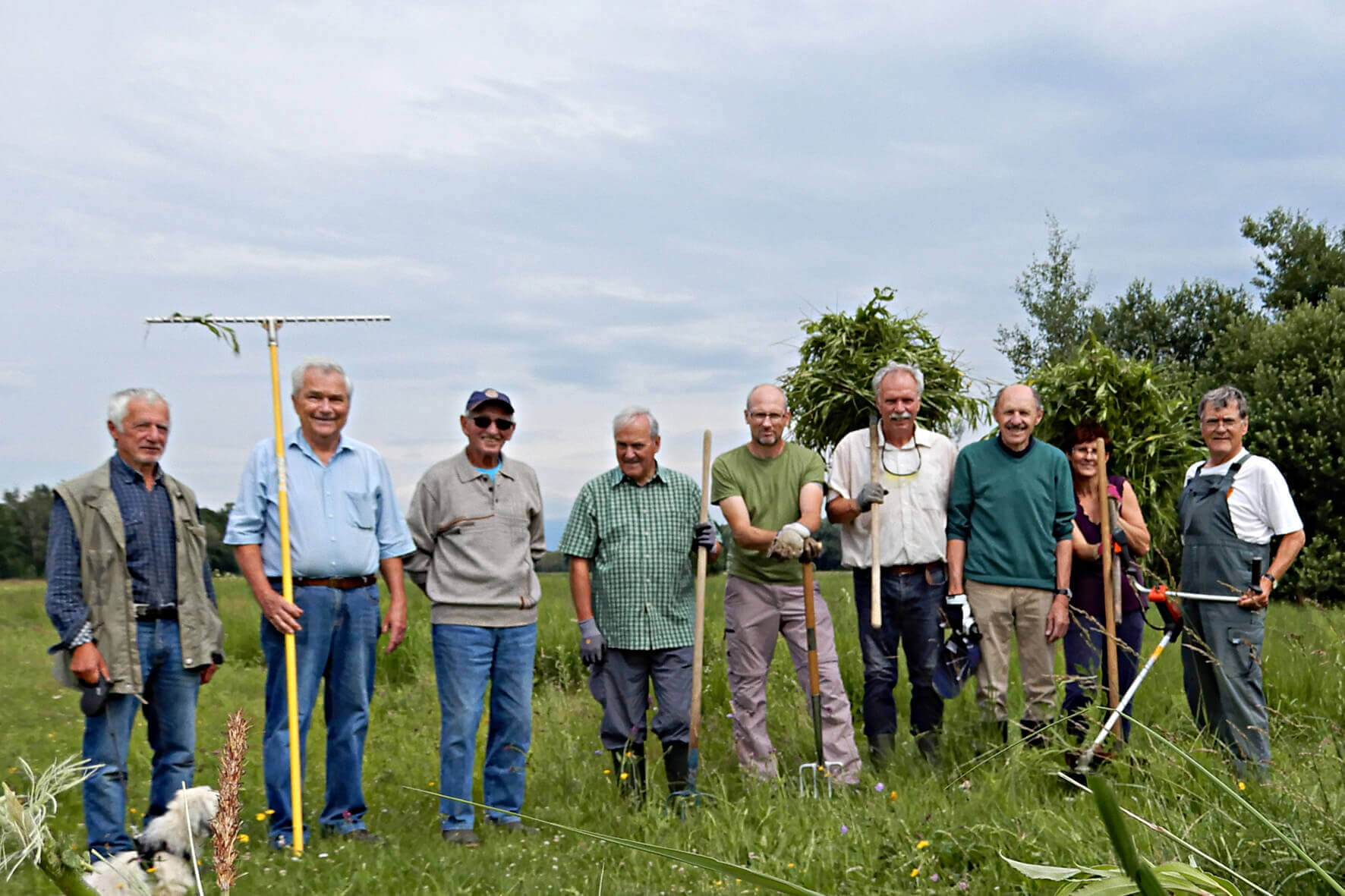 Gruppe von Menschen steht mit Gartengeräten auf einer Wiese für Landschaftspflege, fröhliche Gemeinschaftsarbeit im Freien.