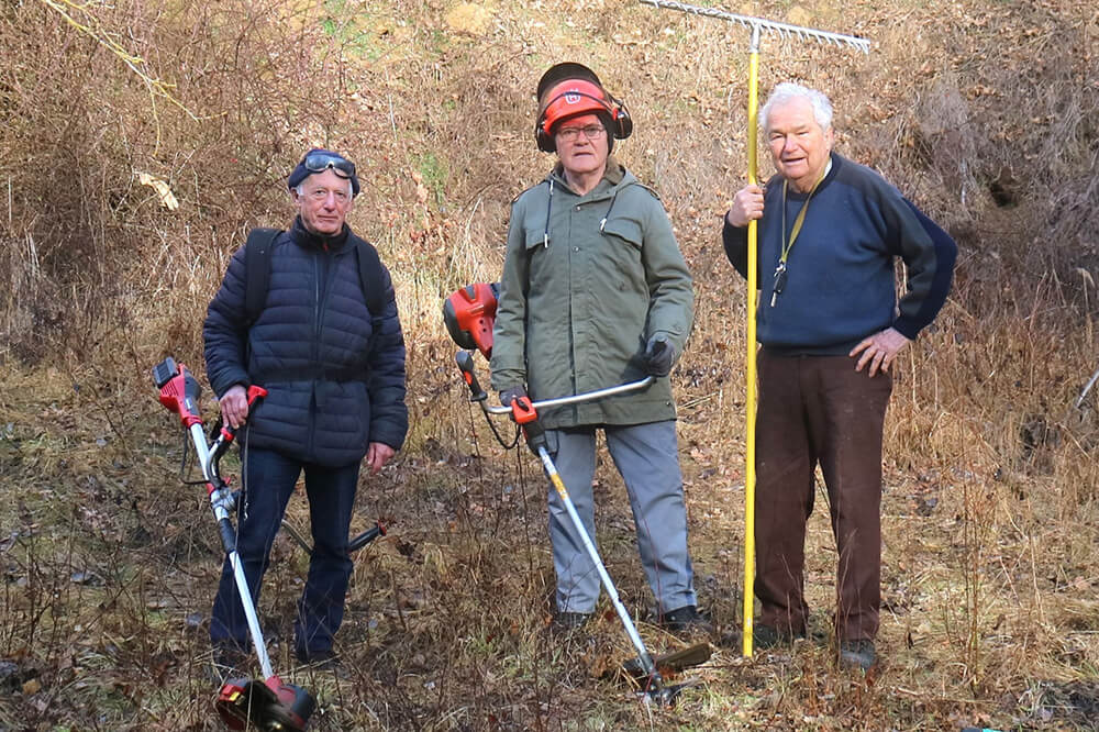 Drei Männer bei der Gartenarbeit mit Werkzeugen in einer herbstlichen Landschaft.