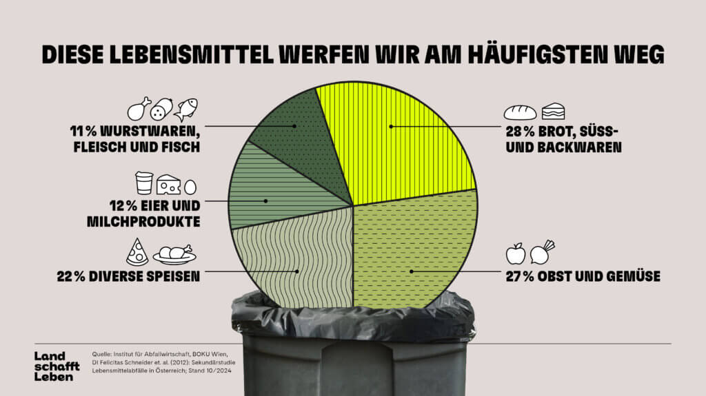 Infografik: Verschwendung von Lebensmitteln in Österreich. Häufig entsorgt: Brot, Obst, Gemüse, diverse Speisen.