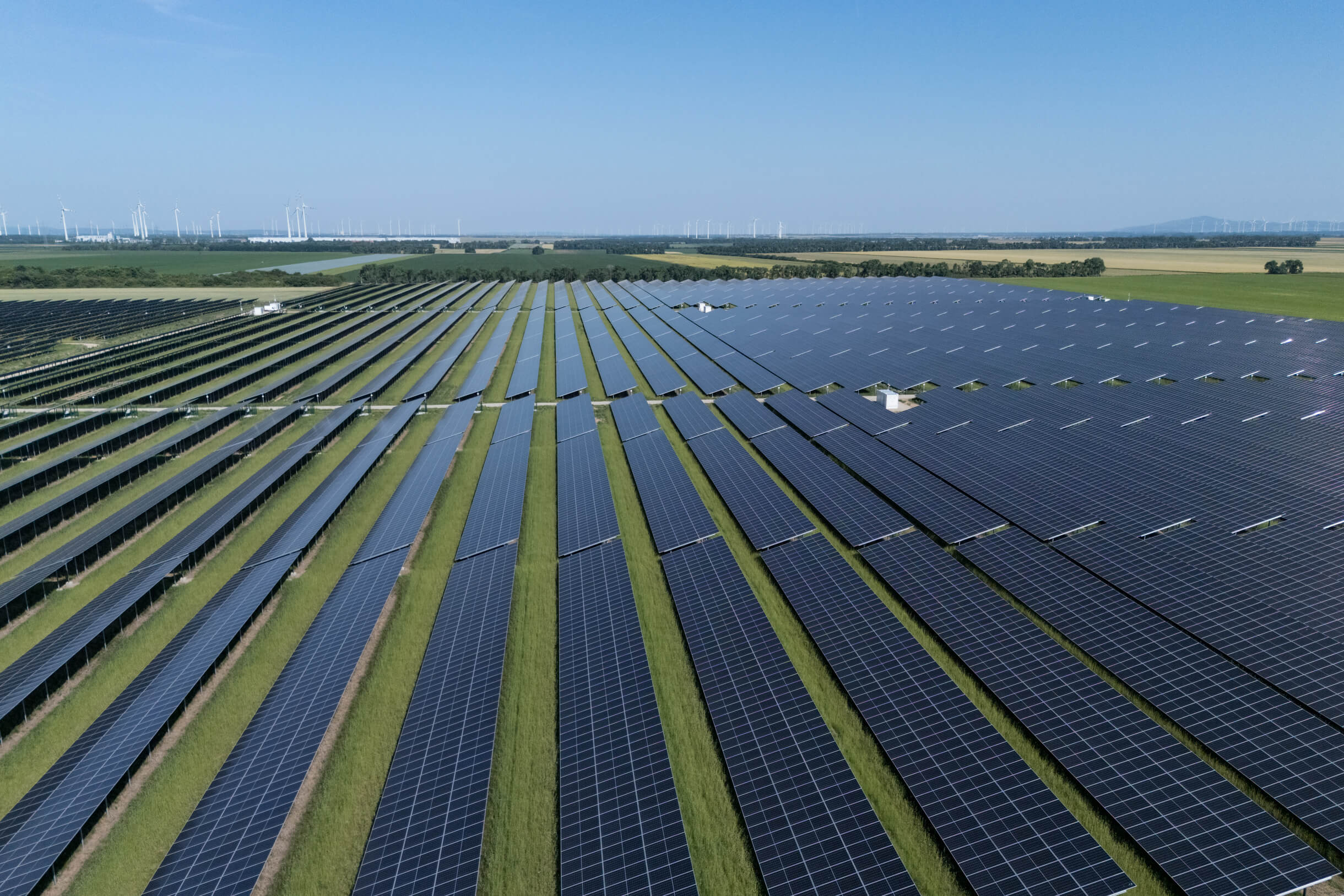 Weitläufige Solaranlage auf einem sonnigen Feld mit Windkraftanlagen im Hintergrund. Nachhaltige Energiegewinnung.
