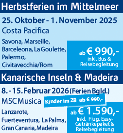 Kreuzfahrten zu Mittelmeer und Kanaren: Costa Pacifica ab €990, MSC Musica ab €1590. Termine 2025-2026. Inkl. Reiseleitung.