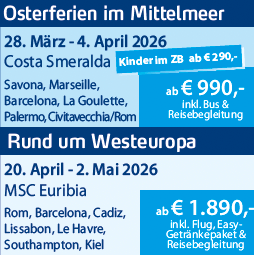 Kreuzfahrten 2026: Osterferien im Mittelmeer oder Westeuropa. Reisen ab 990€, inklusive Bus oder Flug und Reisebegleitung.