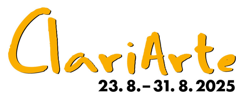 ClariArte Logo Farbe m. Datum 2025 ClariArte Festival-Logo mit Datum 23.8.-31.8.2025 in orange und schwarzer Schrift auf weißem Hintergrund.