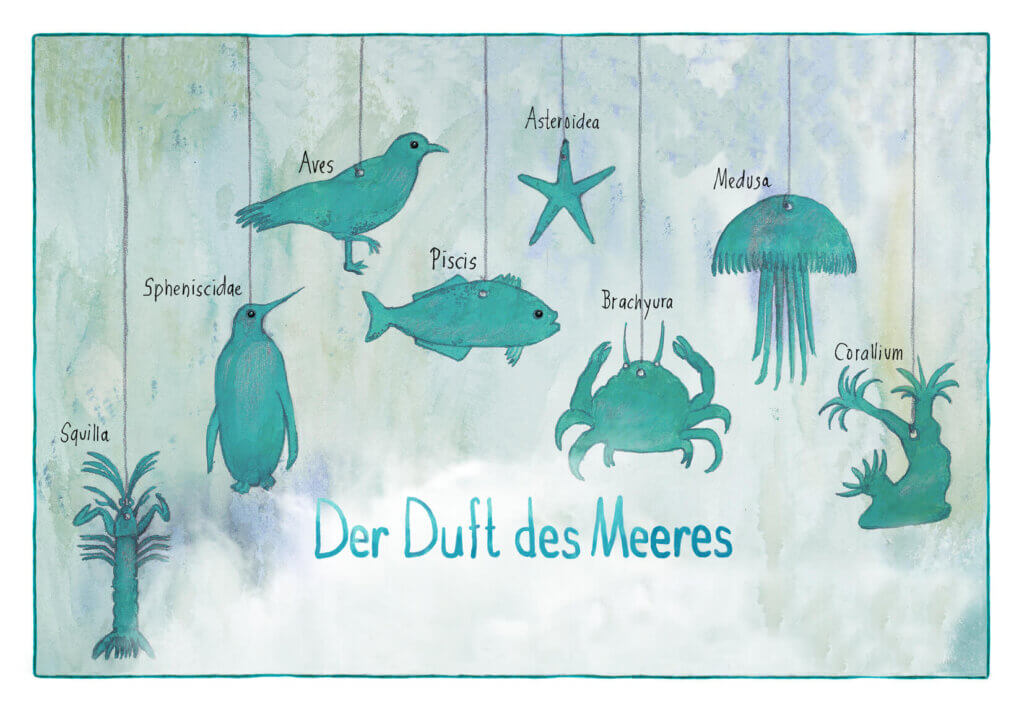 Illustration von Meereslebewesen mit Beschriftungen: Vogel, Fisch, Krabbe, Stern, Qualle, Koralle. Text: Der Duft des Meeres.