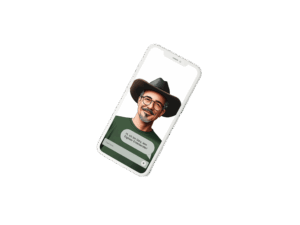 Smartphone mit Bild eines lächelnden Mannes mit Cowboyhut und Brille, digitaler Begleiter Einführungstext.