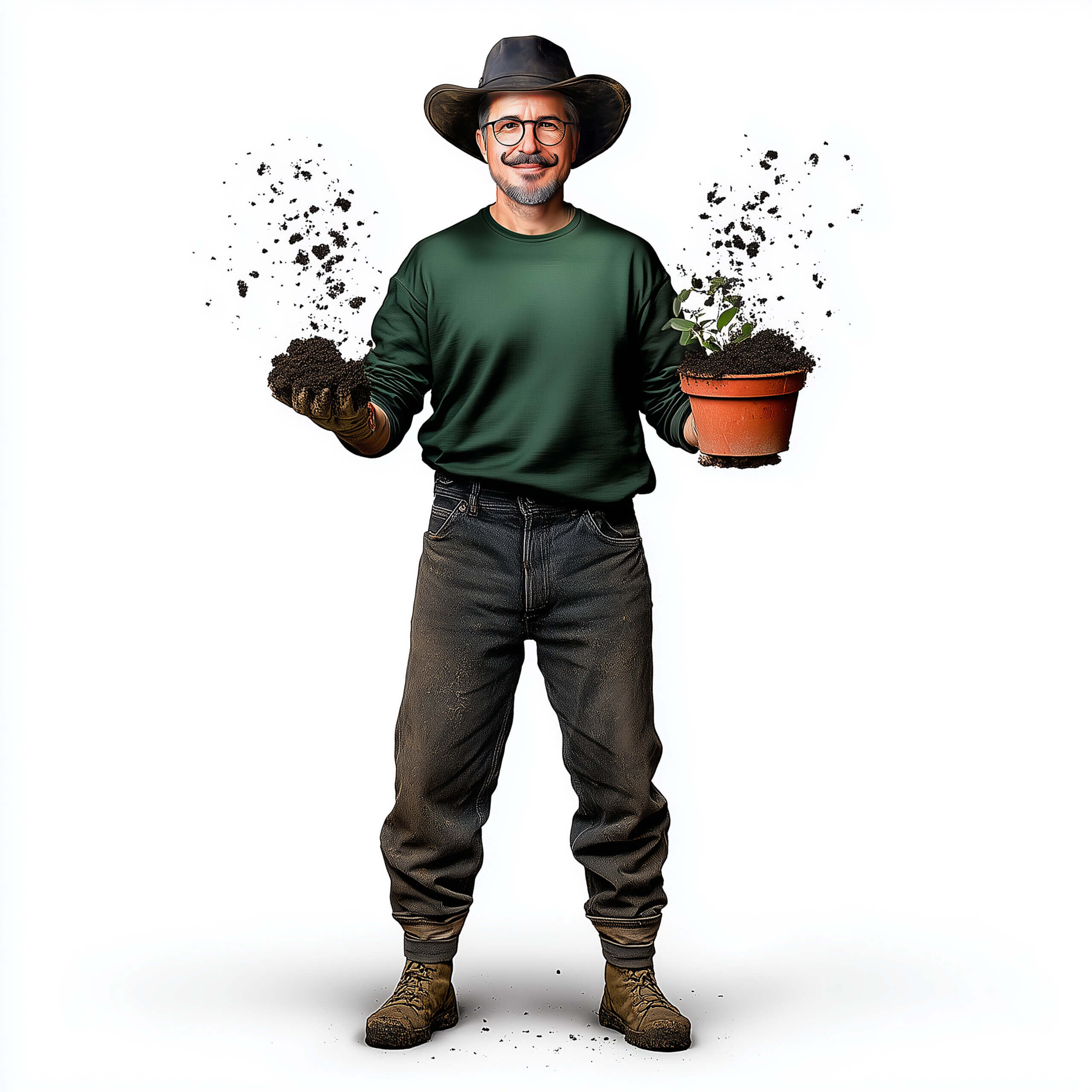 Ein Mann mit Hut hält Erde und eine Pflanze im Blumentopf, bereit zum Gärtnern, auf weißem Hintergrund.