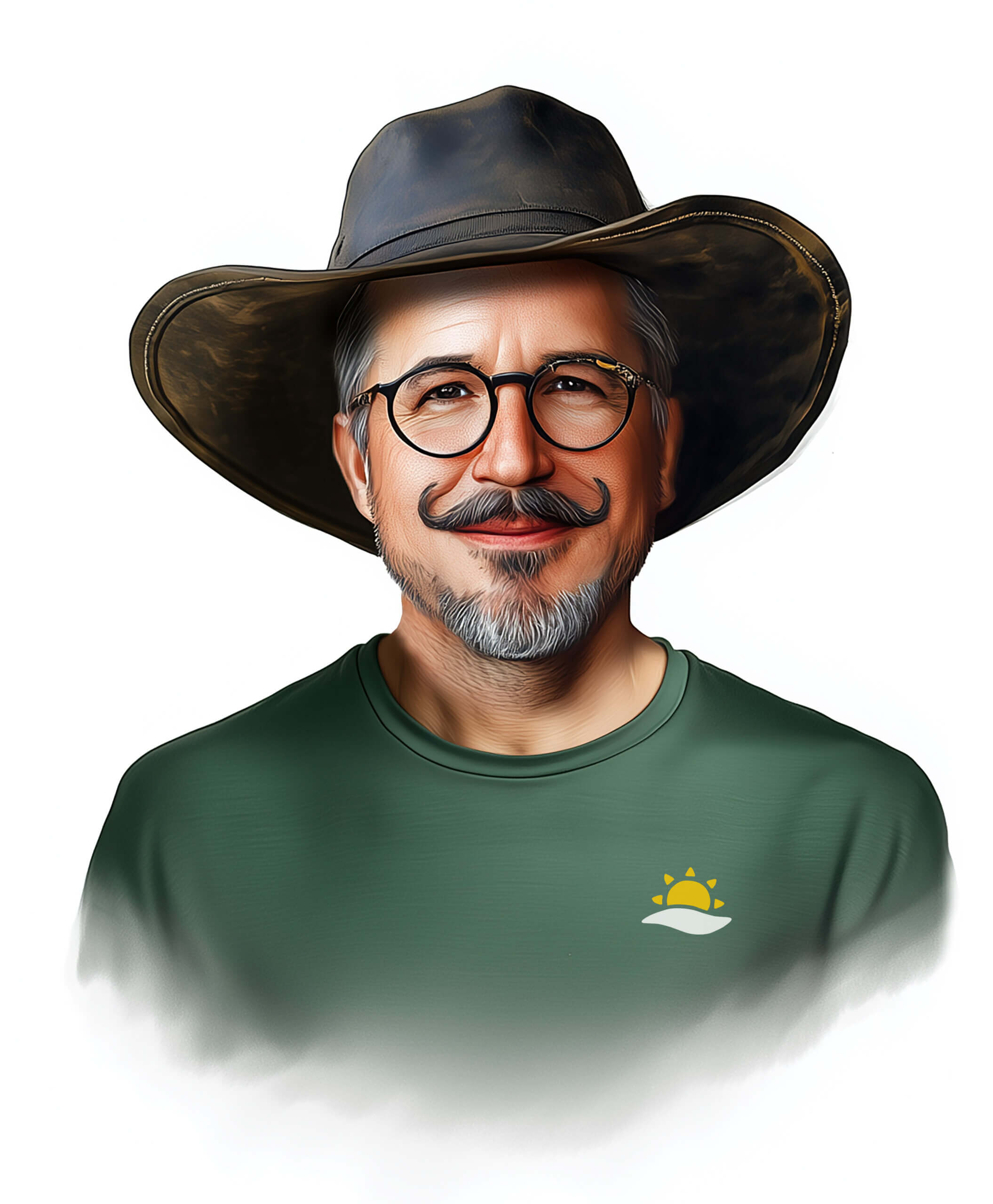 Illustration eines Mannes mit Sonnenhut und Brille, lächelnd im Outdoor-Style mit grünem Shirt und Sonnenlogo.