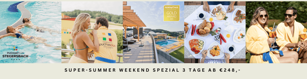 Entspannung im PuchasPlus Stegersbach: Sommer-Wochenendangebot mit Pool, Gourmet-Frühstück und Spa, ab €248 für 3 Tage.