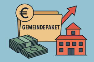 Gemeindepaket: Finanzhilfe für Städte. Wachsende Wirtschaft mit Eurozeichen, Geldstapel, Haus und Pfeil nach oben.