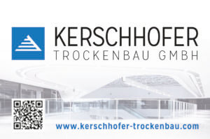 KERSCHHOFER Trockenbau GmbH Logo und QR-Code mit moderner Architektur im Hintergrund. Webseite: kerschhofer-trockenbau.com