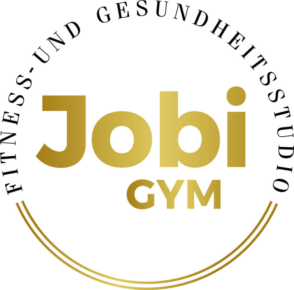 Jobi Gym Logo: Fitness- und Gesundheitsstudio mit goldener Schrift auf weißem Hintergrund.
