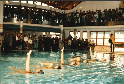 Eröffnung Burgenland Therme 1 Synchronisierte Schwimmer führen in einem Hallenbad vor großem Publikum eine Wasserchoreografie auf.