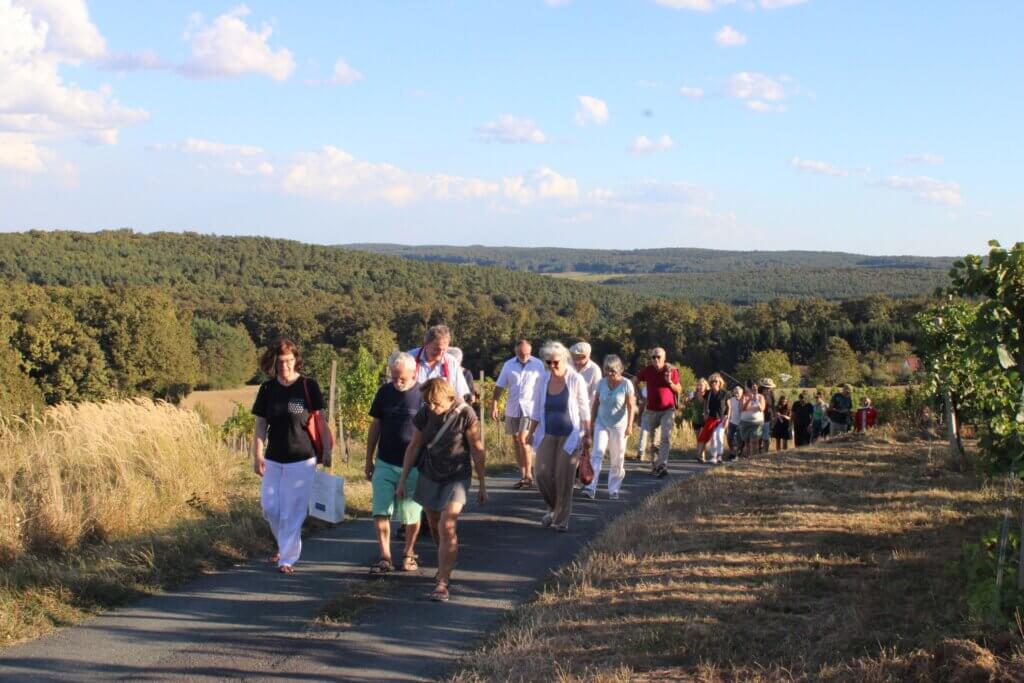 Gruppe von Menschen wandert auf einem Pfad durch eine malerische Landschaft mit Wäldern, unter blauem Himmel.