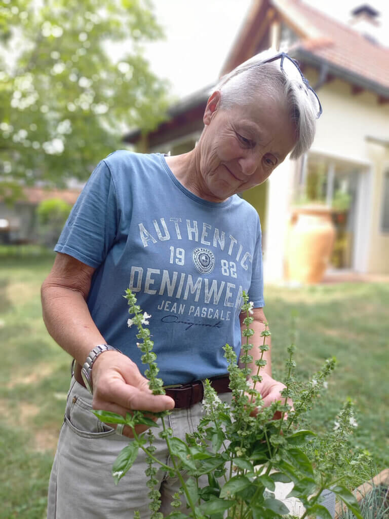 Person pflegt Kräuter im Garten in entspannter Umgebung. Sommerlicher Tag mit grünem Hintergrund und wohnlichem Haus.