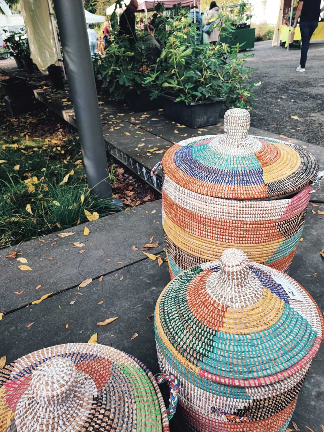 Bunte geflochtene Körbe auf einem Marktstand im Freien, umgeben von Herbstlaub und Pflanzen in Töpfen.