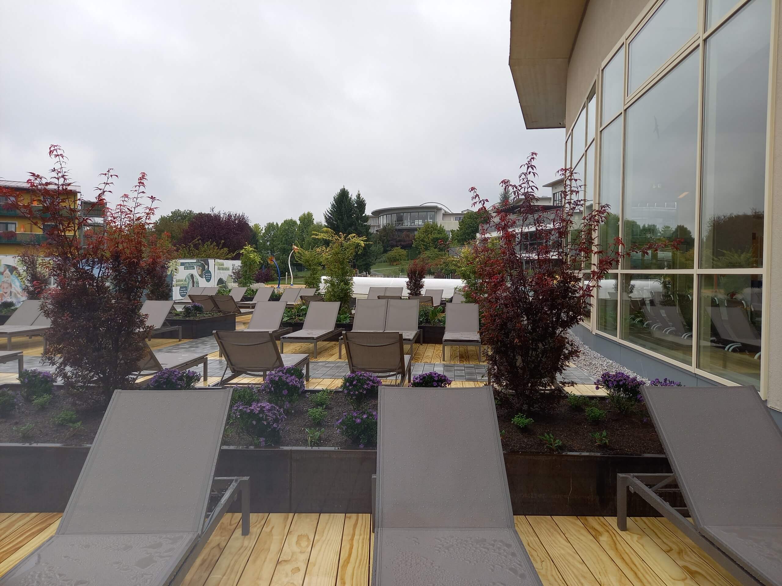 Moderne Terrasse mit Liegestühlen, umgeben von Pflanzen und Bäumen, bei bewölktem Himmel.