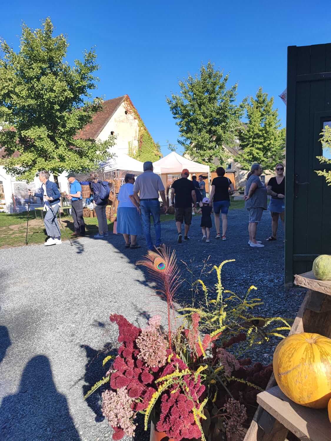 Menschen genießen sonnigen Herbstmarkt mit Blumen und Kürbissen im Freien unter blauem Himmel.