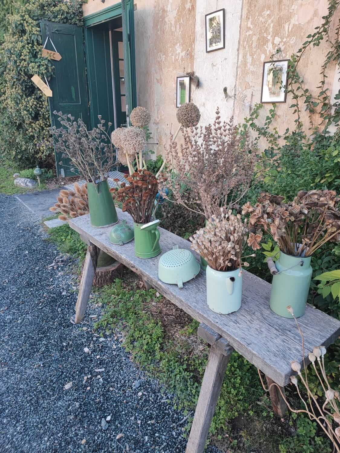 Rustikales Arrangement von Trockenblumen in Vintage-Krügen auf Holztisch vor grünem Eingang.
