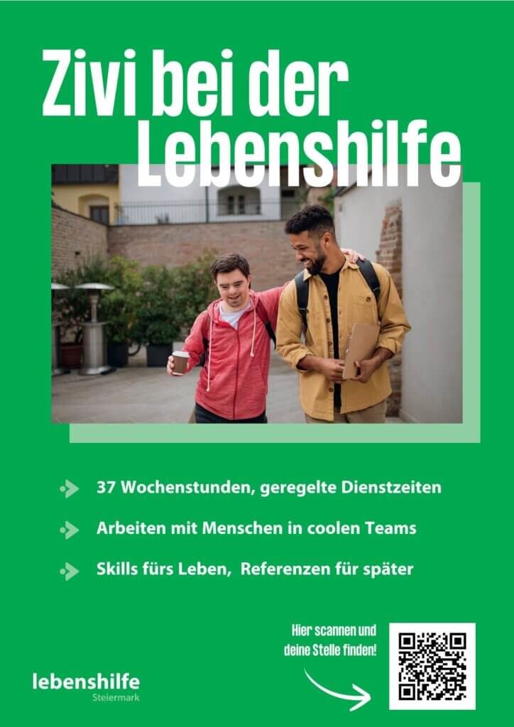 Zivildienst bei Lebenshilfe: 37 Wochenstunden, flexible Zeiten, coole Teams, wertvolle Skills und Referenzen sammeln.