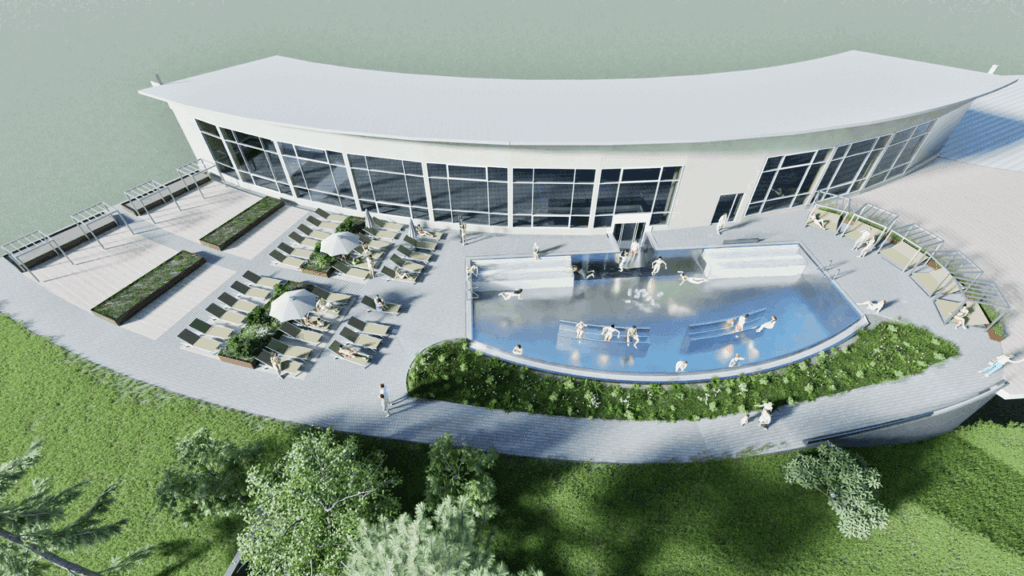 Moderne Spa-Anlage mit Dachterrasse, Pool und Liegestühlen in grüner Umgebung für entspannenden Urlaub.