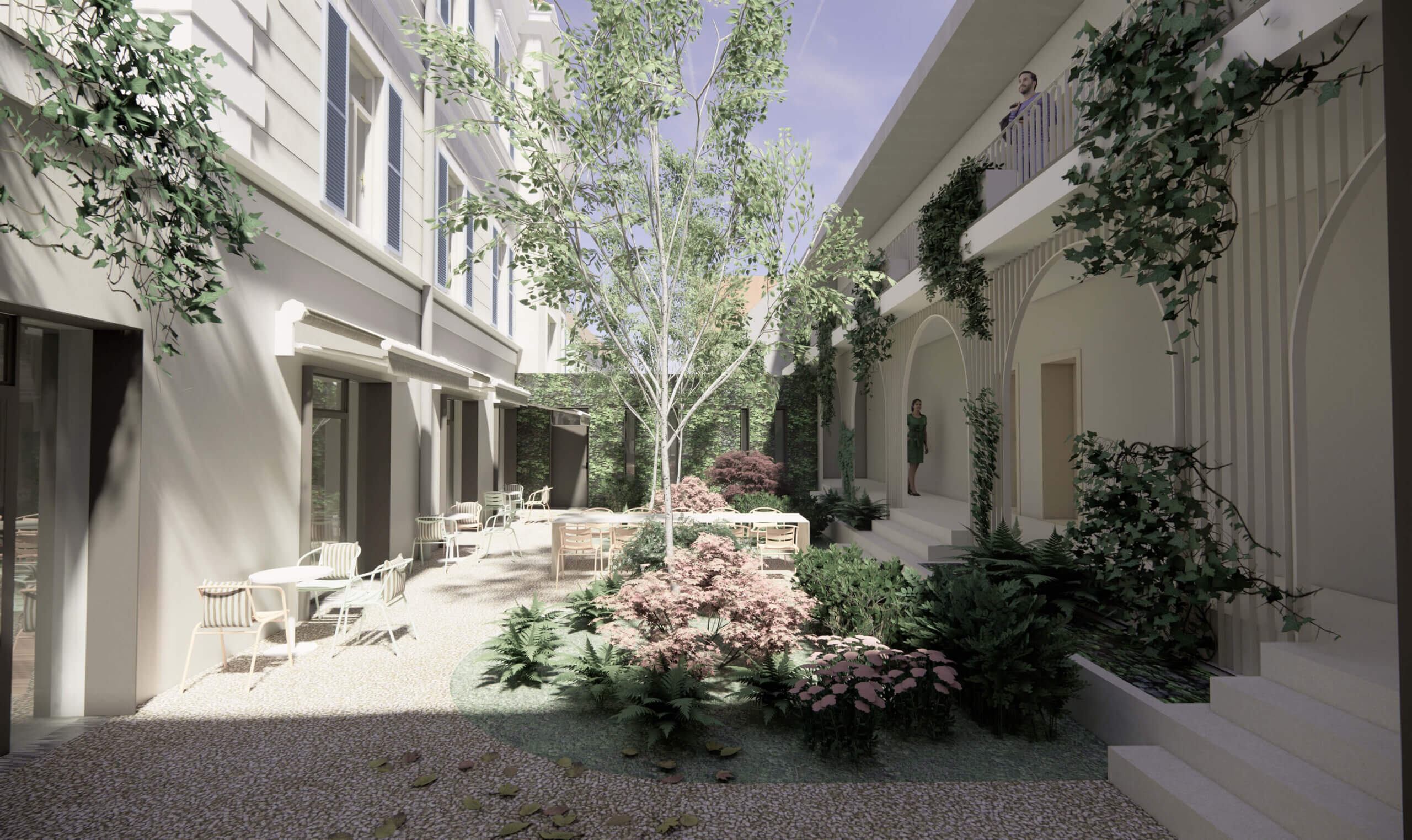 Moderner Innenhof mit grünen Pflanzen, Sitzgelegenheiten und hellem Licht; ideal für entspannte Lesepausen im Prima Magazin-Kontext.