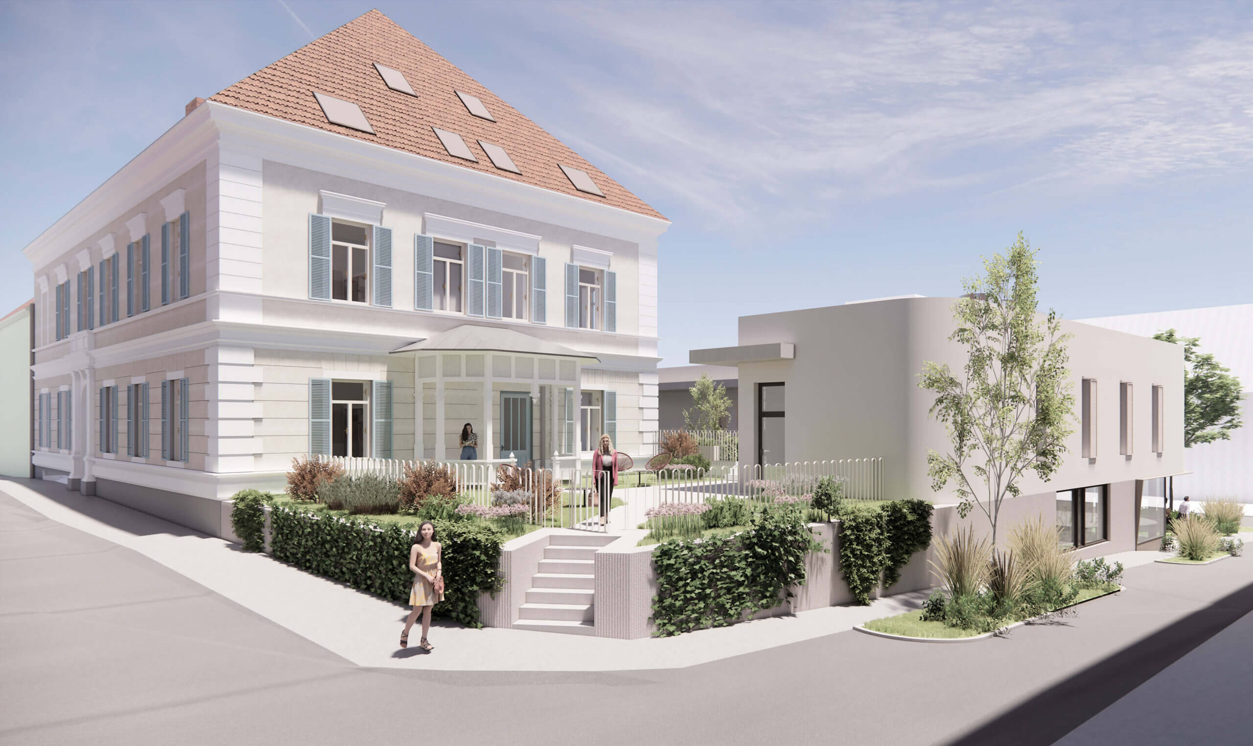 Modernes Gebäude mit Garten, Menschen auf dem Gehweg, sonniger Tag. Passend für regionales Magazin oder Architekturthema.