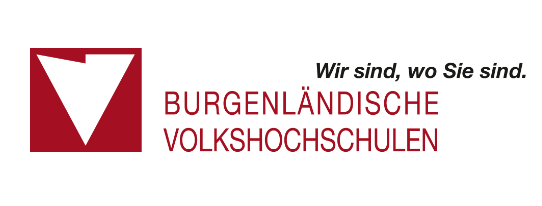 Logo der Burgenländischen Volkshochschulen mit Slogan Wir sind, wo Sie sind. auf weißem Hintergrund.