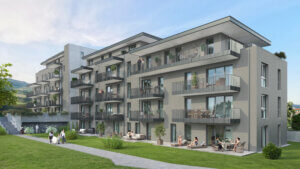 Moderne Wohnanlage mit Balkonen und grünem Außenbereich, Menschen genießen die Gemeinschaft in einer idyllischen Umgebung.