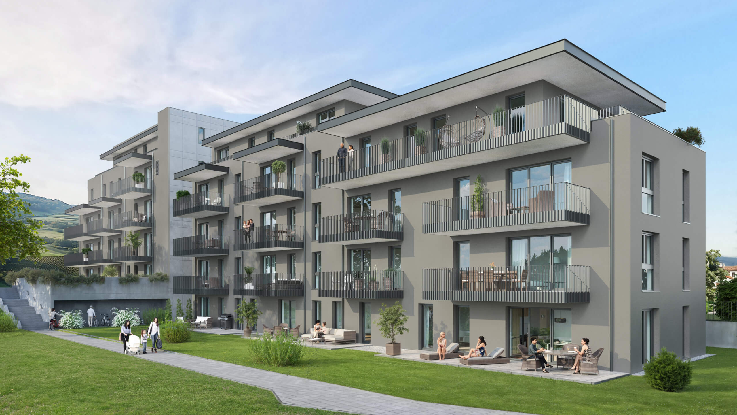 Moderne Wohnanlage mit Balkonen und grünem Außenbereich, Menschen genießen die Gemeinschaft in einer idyllischen Umgebung.