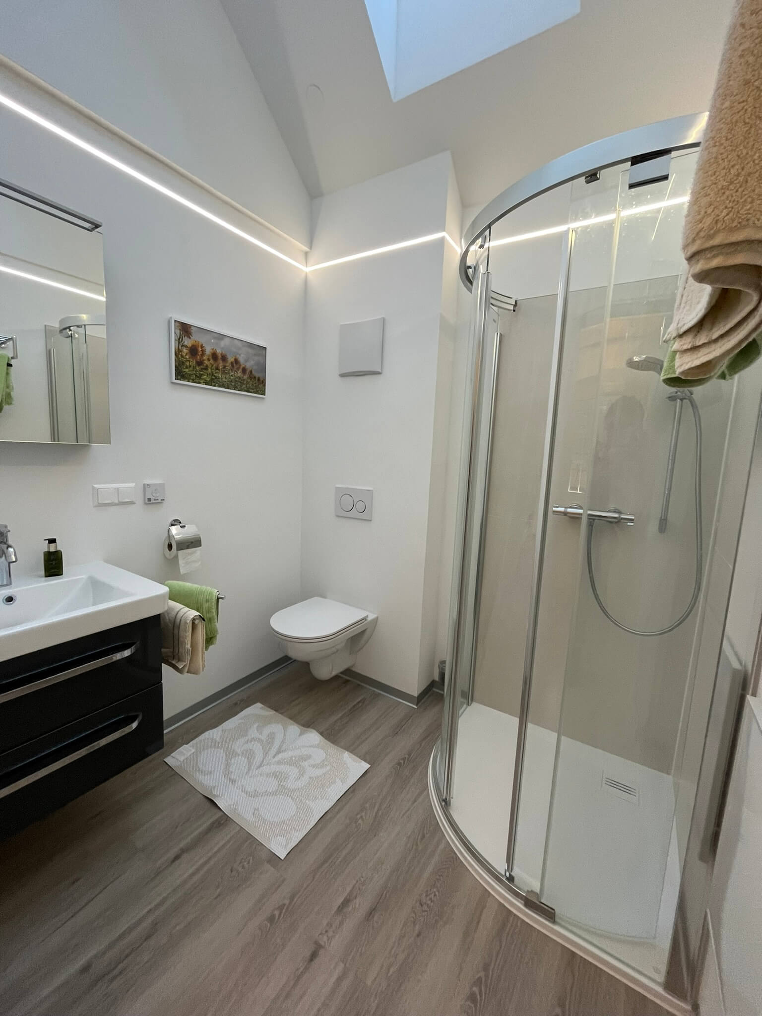 Modernes Badezimmer mit Dusche, Waschbecken und WC; stilvolles Design mit Holzoptik-Boden und natürlichem Licht von oben.