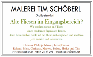 Anzeige der Malerei Tim Schöberl für renovierte, fugenlose Böden in 3 Tagen, mit Kontaktinformationen und Teamnamen.