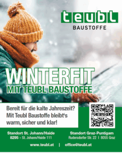Person im Wintermantel und Mütze liest Winterfit mit Teubl Baustoffe Werbung im Schnee.