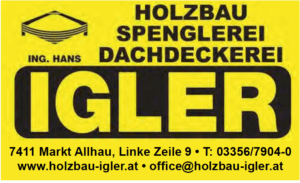 Werbung für Holzbau Igler: Dienstleistungen in Spenglerei und Dachdeckerei, Markt Allhau, mit Kontaktinformationen.