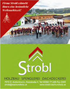 Firma Strobl wünscht frohe Weihnachten: Teamfoto auf Dach, Handwerksbetrieb im Grünen. Qualität im Holzbau und Dachdeckerei.