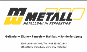 MW Metall Logo und Kontaktinformationen; spezialisiert auf Metallbau wie Geländer und Zäune, in Unterrohr ansässig.